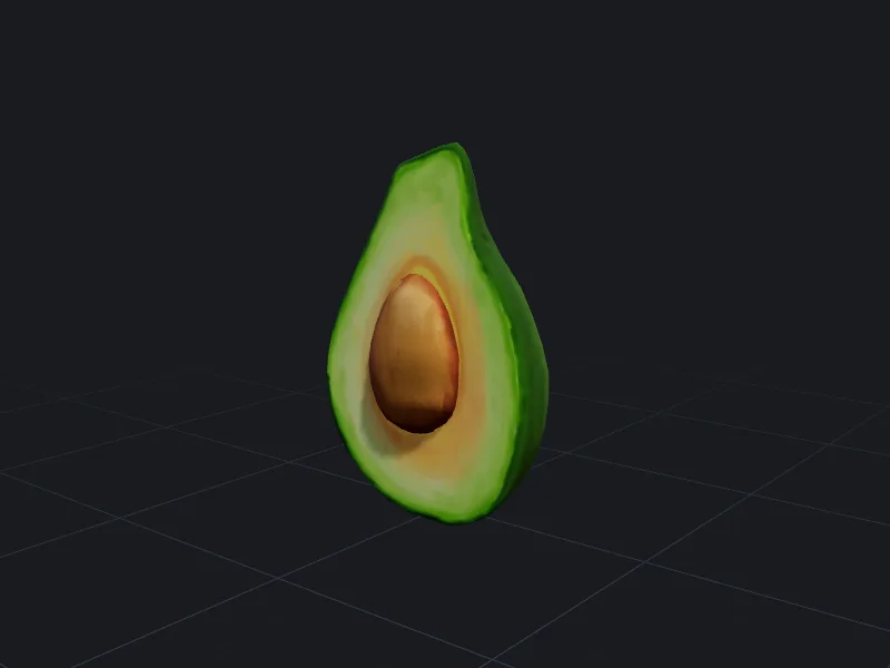 Halved avocado 3D model rendered on a grid