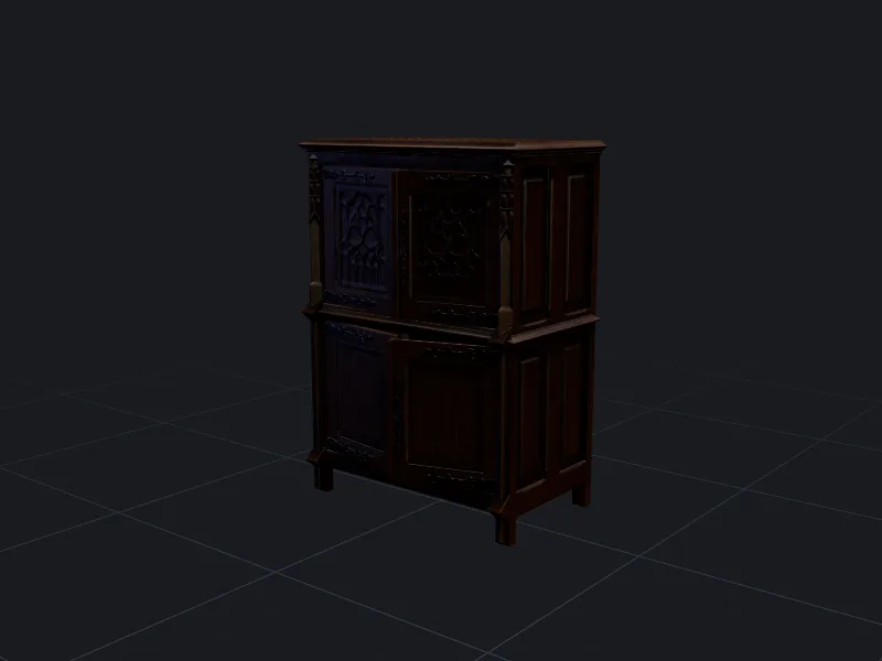 Gothic cabinet 3D model rendered on a grid