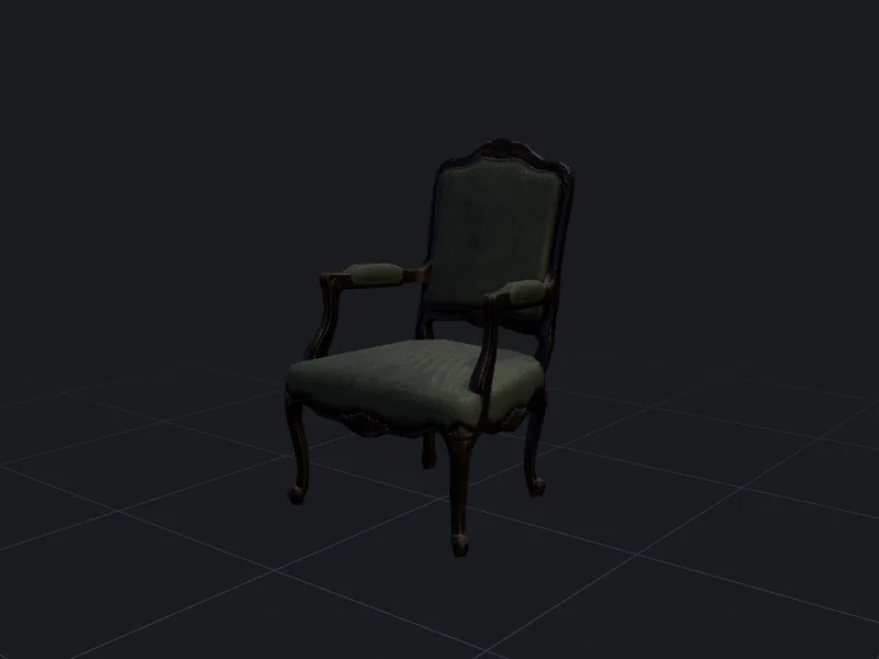 Gothic green armchair 3D model rendered on a grid