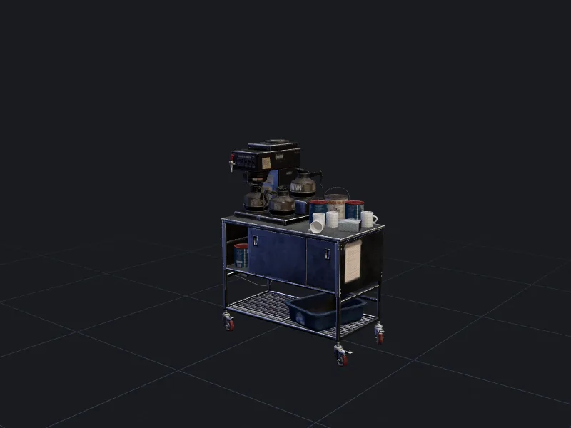 Industrial coffee cart 3D model rendered on a grid