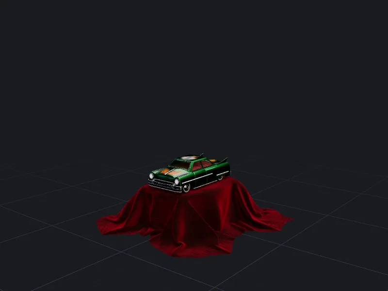 Toy car on a display cloth 3D model rendered on a grid