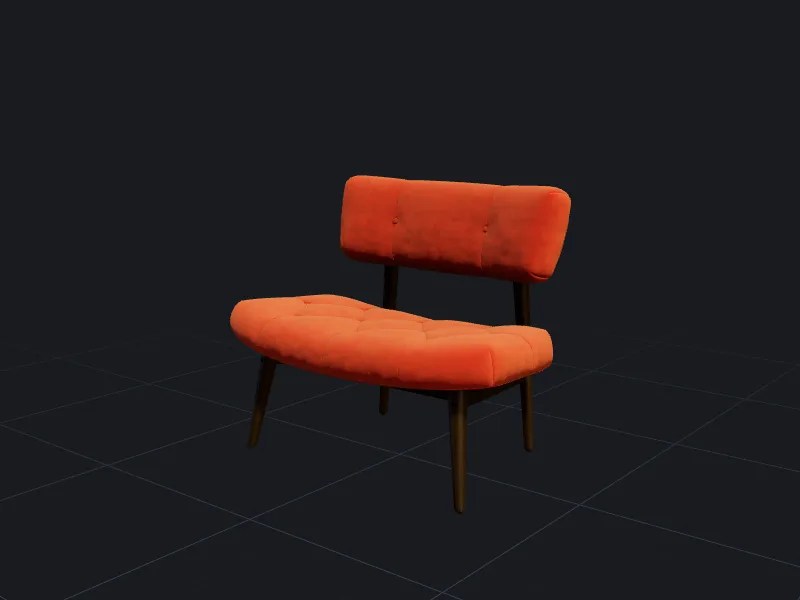 Velvet lounge chair 3D model rendered on a grid