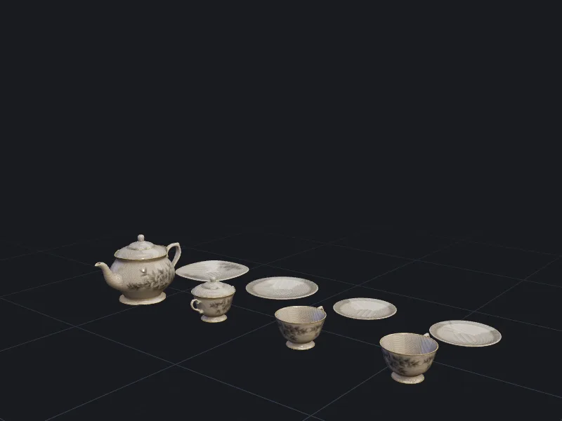 Victorian tea set 3D model rendered on a grid