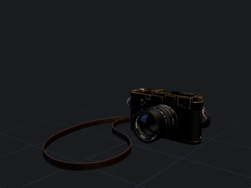 Vintage rangefinder camera 3D model rendered on a grid