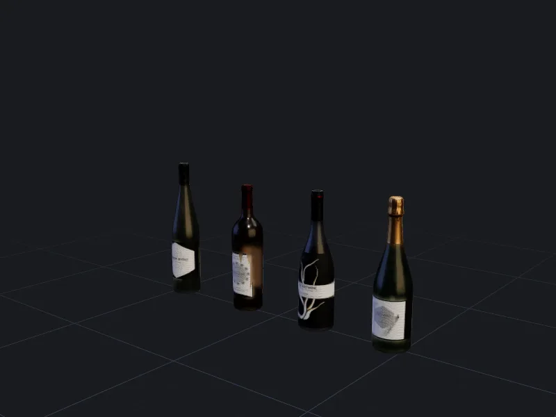 Wine and champagne bottles 3D model rendered on a grid