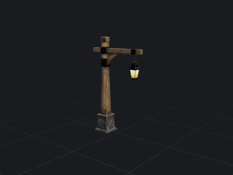 Wooden lamp post with lantern 3D model rendered on a grid