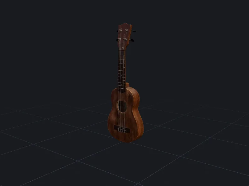 Wooden ukulele 3D model rendered on a grid